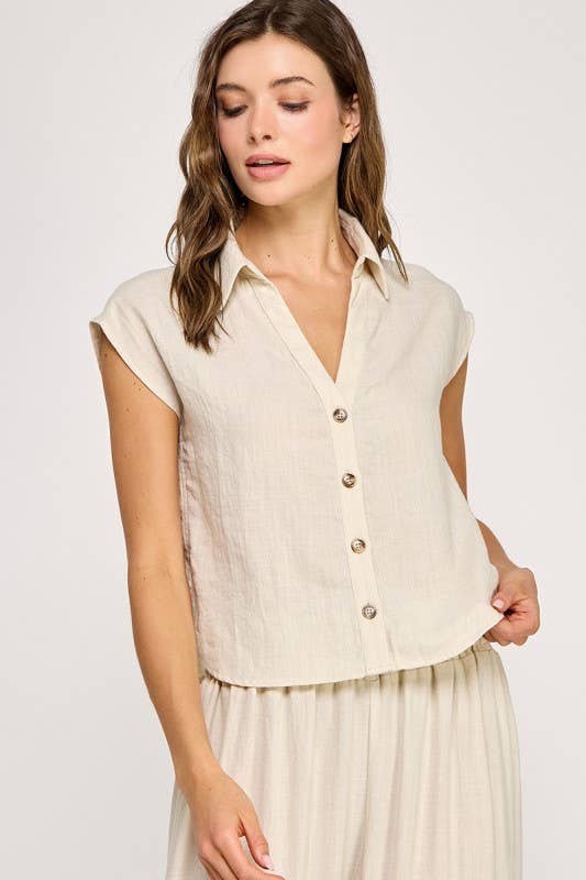 Natural Button-down Cap Sleeve Shirt front view