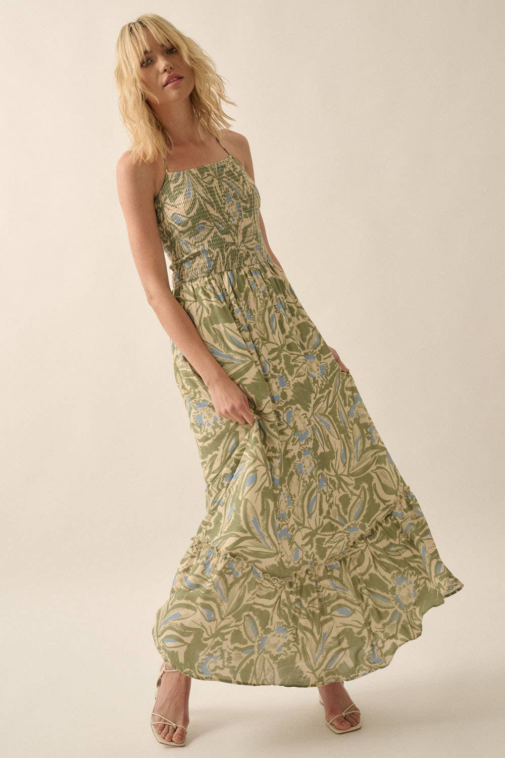 Natural Floral Fit and Flare Maxi Dress