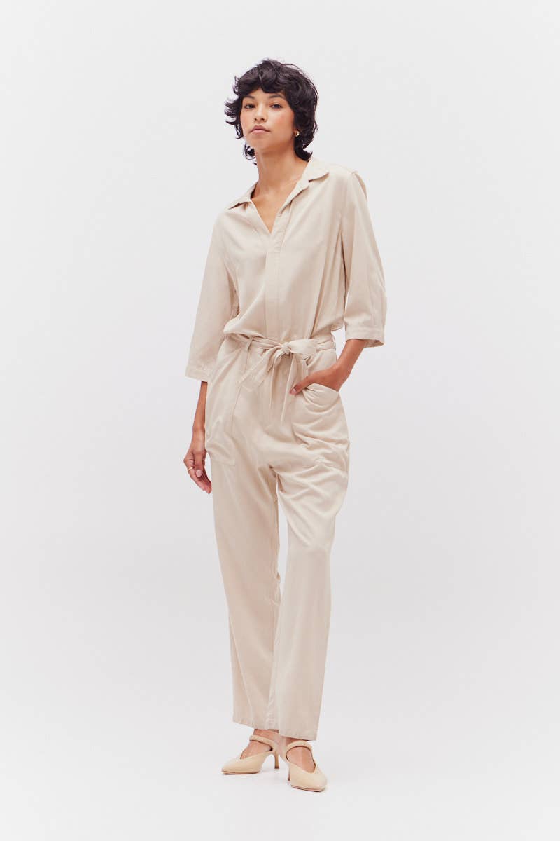 Natural Tencel Jumpsuit featuring pockets and tie belt