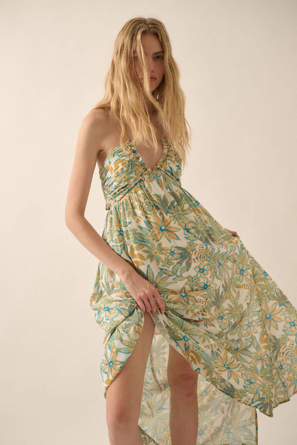 Off White-Blue Floral Tie-Back Halter Maxi Dress - perfect for Spring soirees