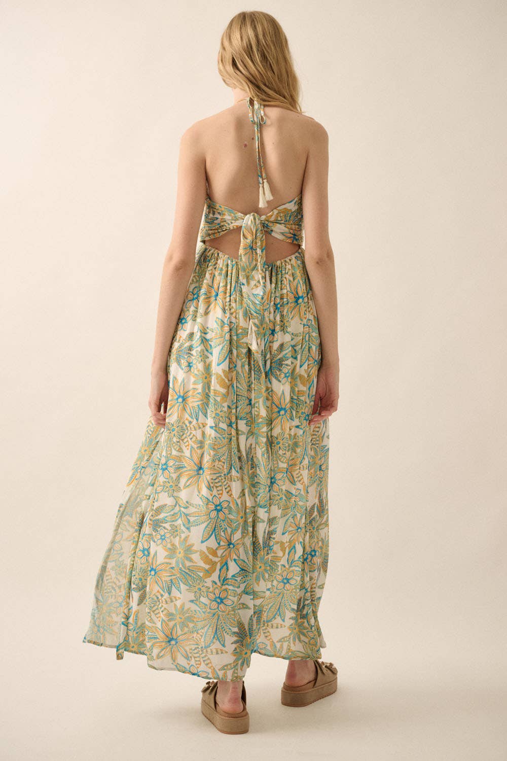 Off White-Blue Floral Tie-Back Halter Maxi Dress Rear View