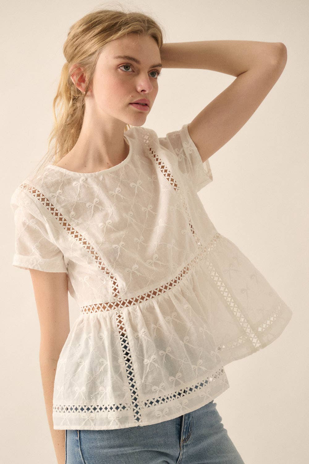Off White Bow-Embroidered Lace-Trim Ruffled Babydoll Top Front View