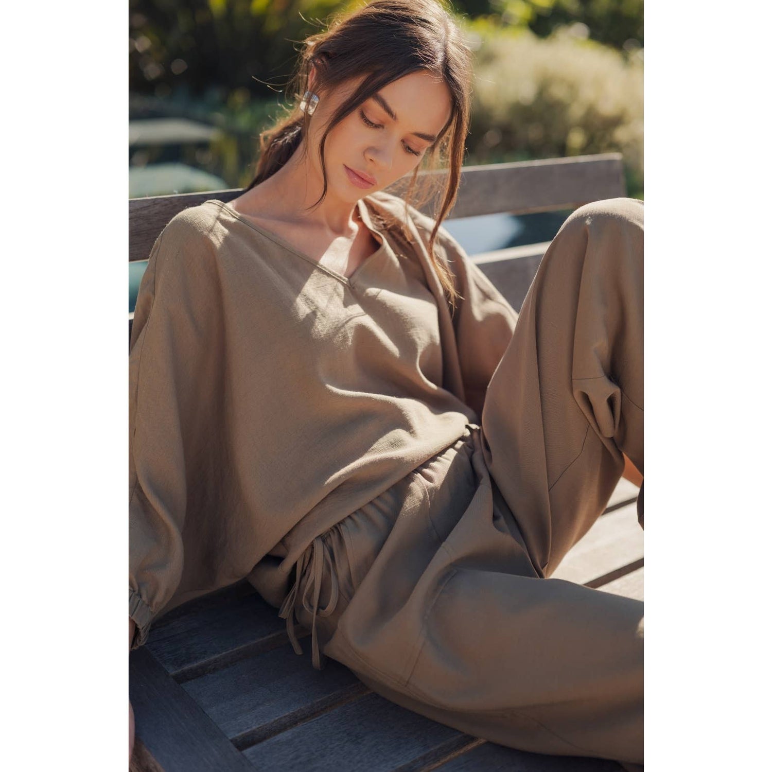 Olive Oversized Dolman V-Neck Top worn with matching pants