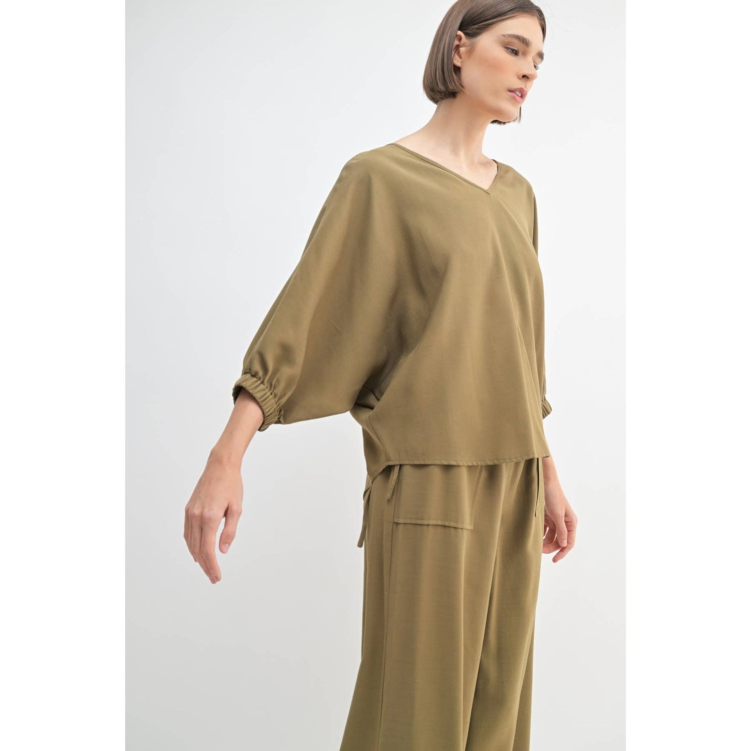 Olive Oversized Dolman V-Neck Top Side View