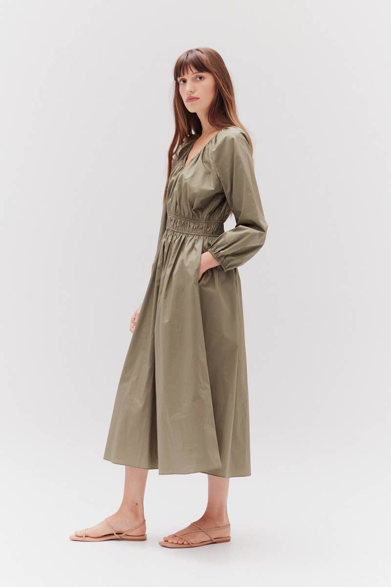 Olive Summer Cotton Midi Dress Side View showcasing pockets