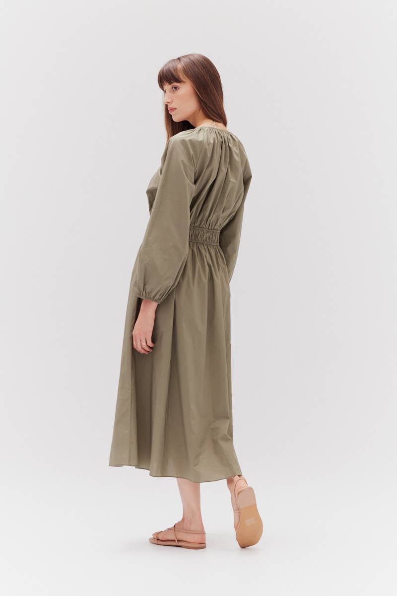 Olive Summer Cotton Midi Dress featuring flared style