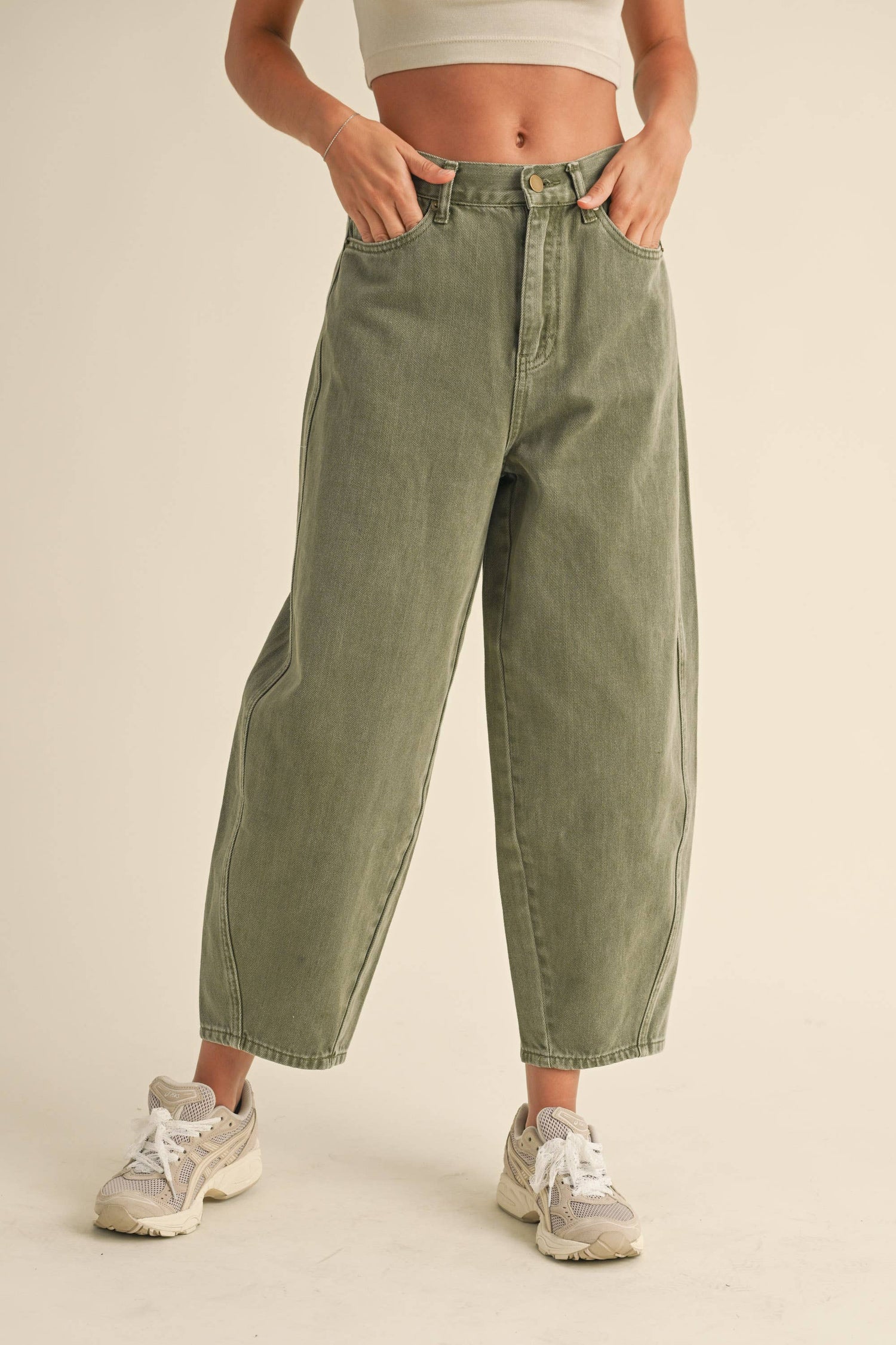 Olive Washed Barrel Pants showcasing mid rise