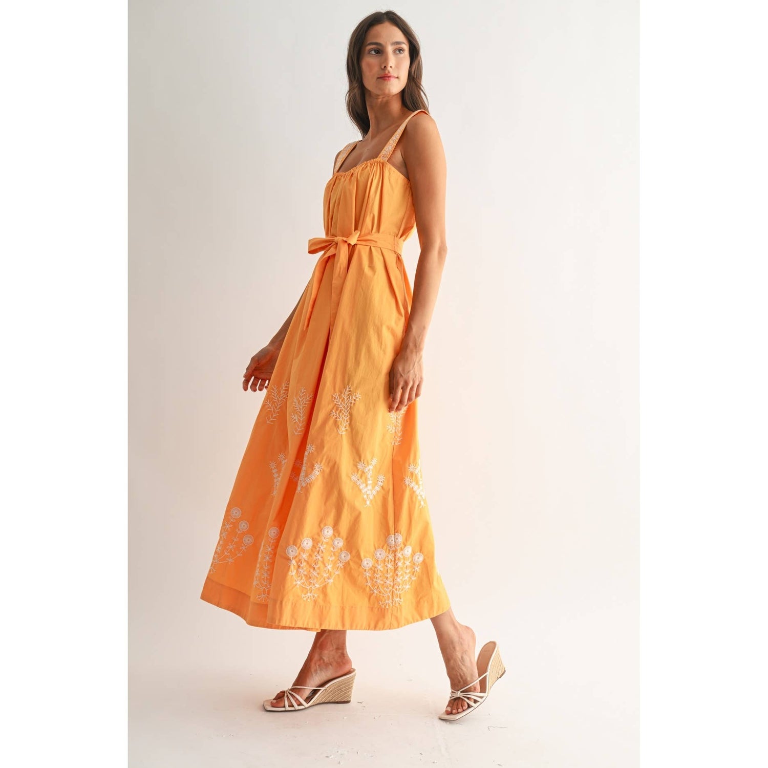 Orange Sunburst Embroidered Maxi Dress side view showcasing tie detail
