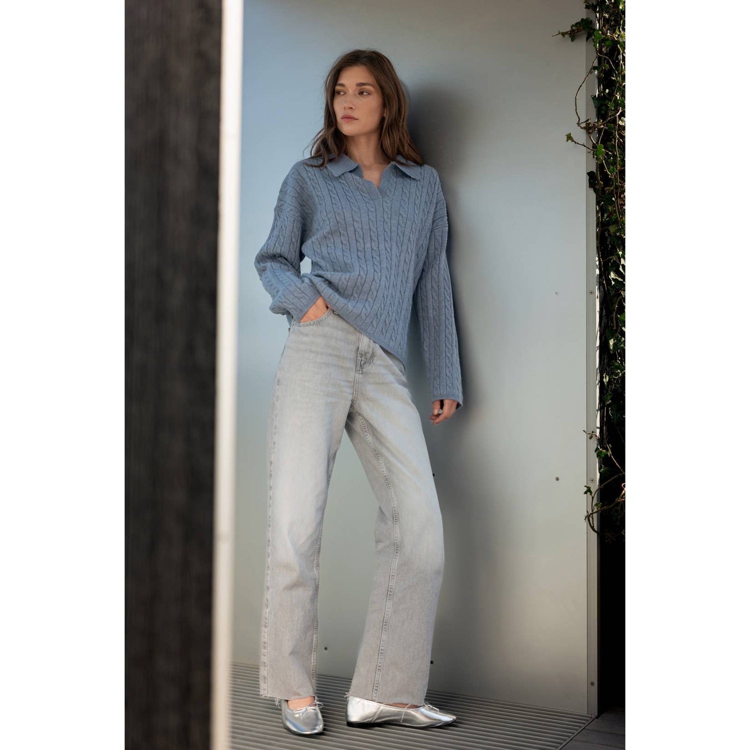 Pigeon Blue Cable Detail Polo Knit