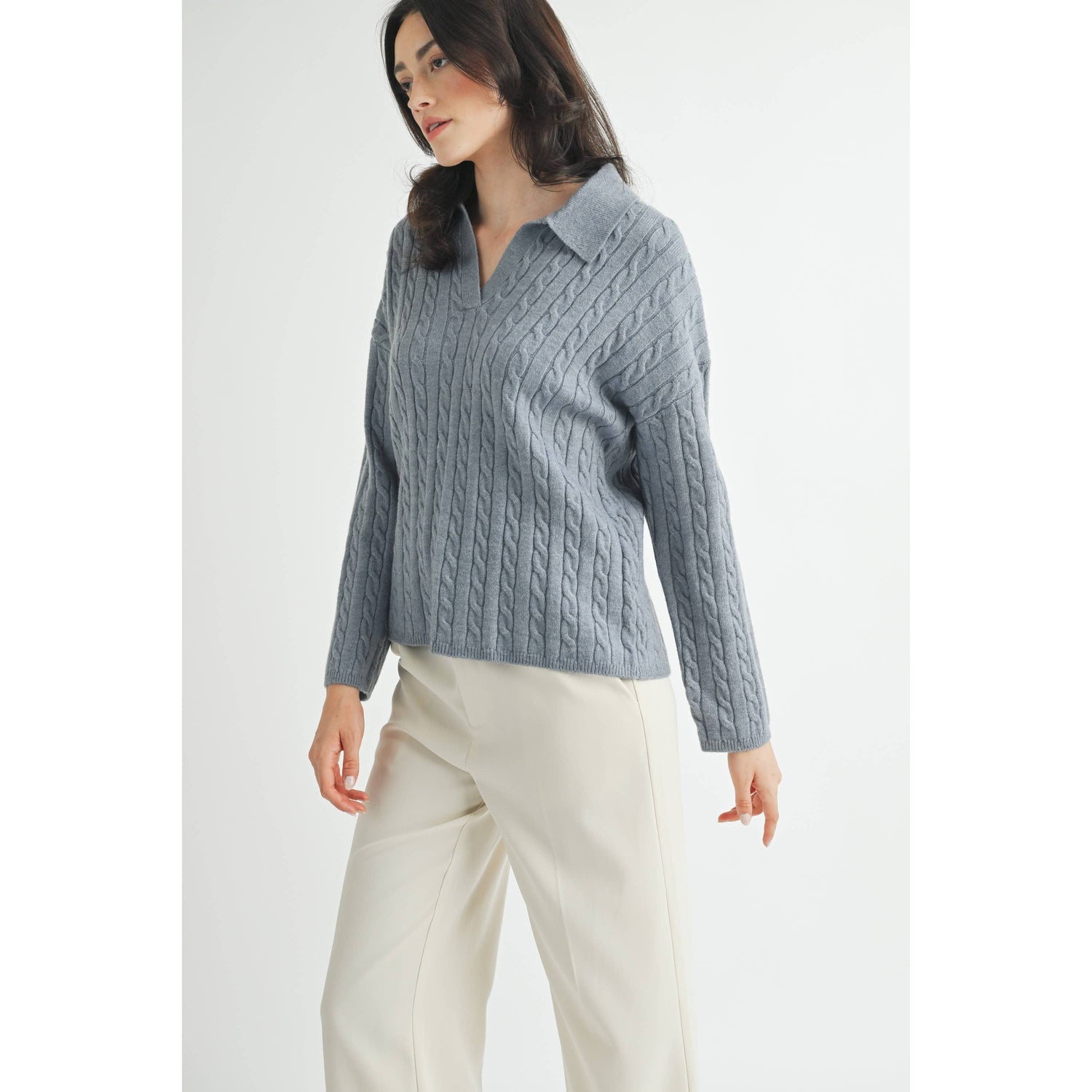 Pigeon Blue Cable Detail Polo Knit showcasing sleeve