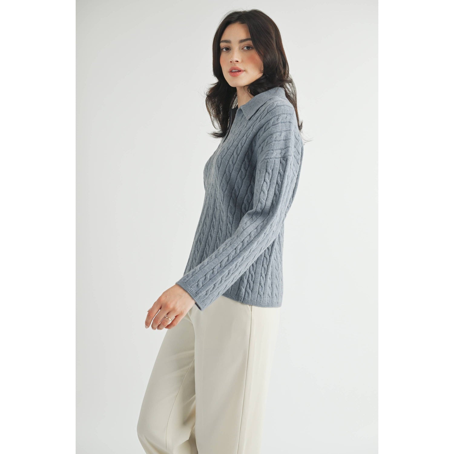 Pigeon Blue Cable Detail Polo Knit Side View