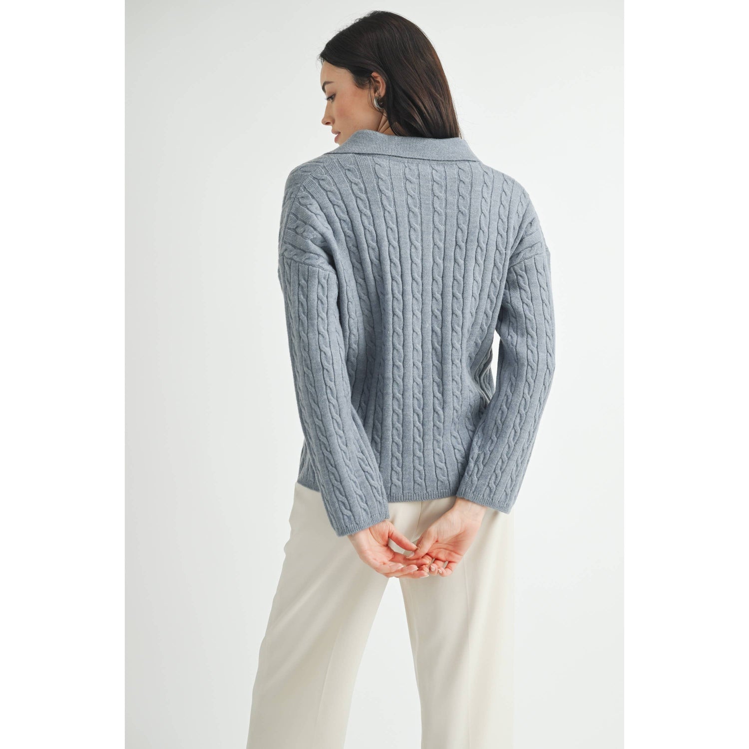 Pigeon Blue Cable Detail Polo Knit Rear View