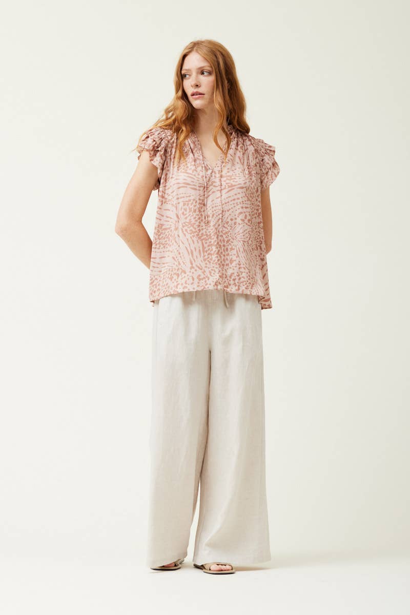 Pink Smoke Printed Ruffle Sleeve Blouse featuring contrast pattern and tie closure at neck