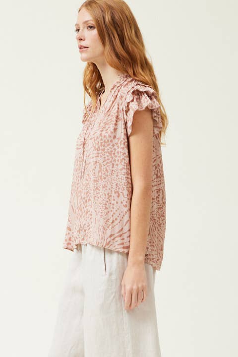 Pink Smoke Printed Ruffle Sleeve Blouse Side View