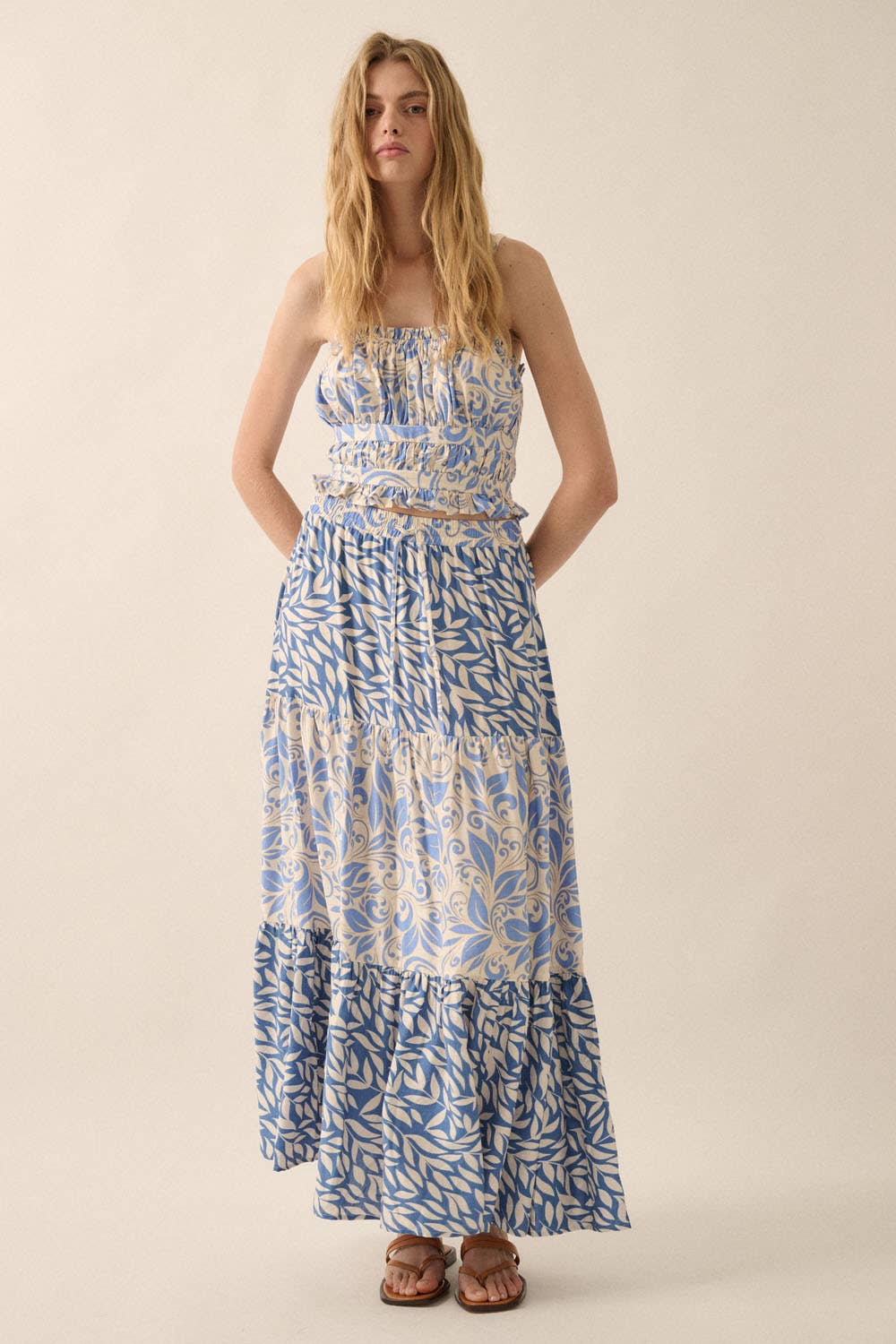 Retro Blue Floral-Print Ruffled Tie-Back Cropped Cami Top worn with matching maxi skirt