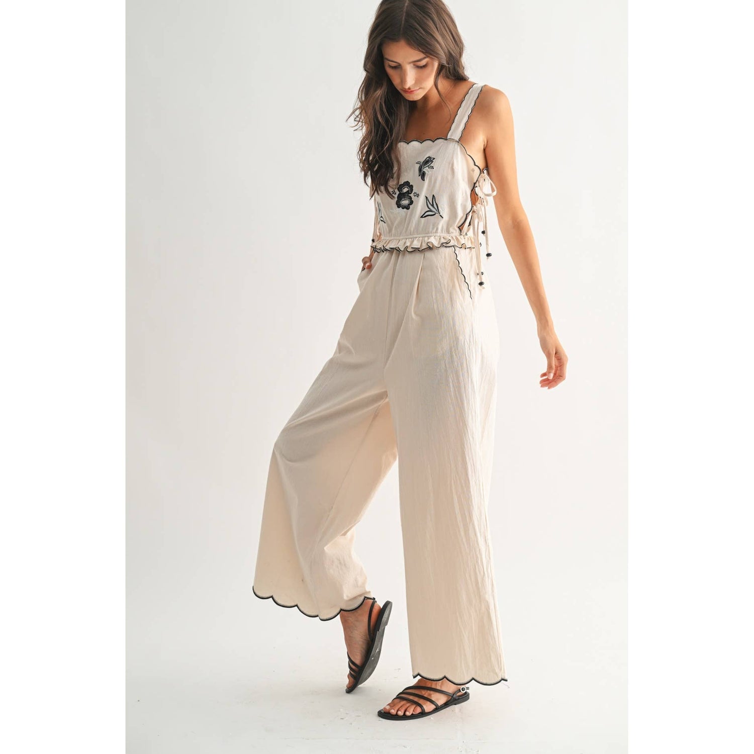 Sand Embroidered Jumpsuit with Unique Scalloped Edge