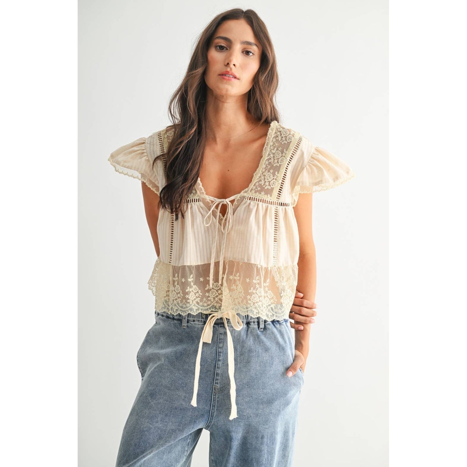 Sand Lace-Trimmed Blouse