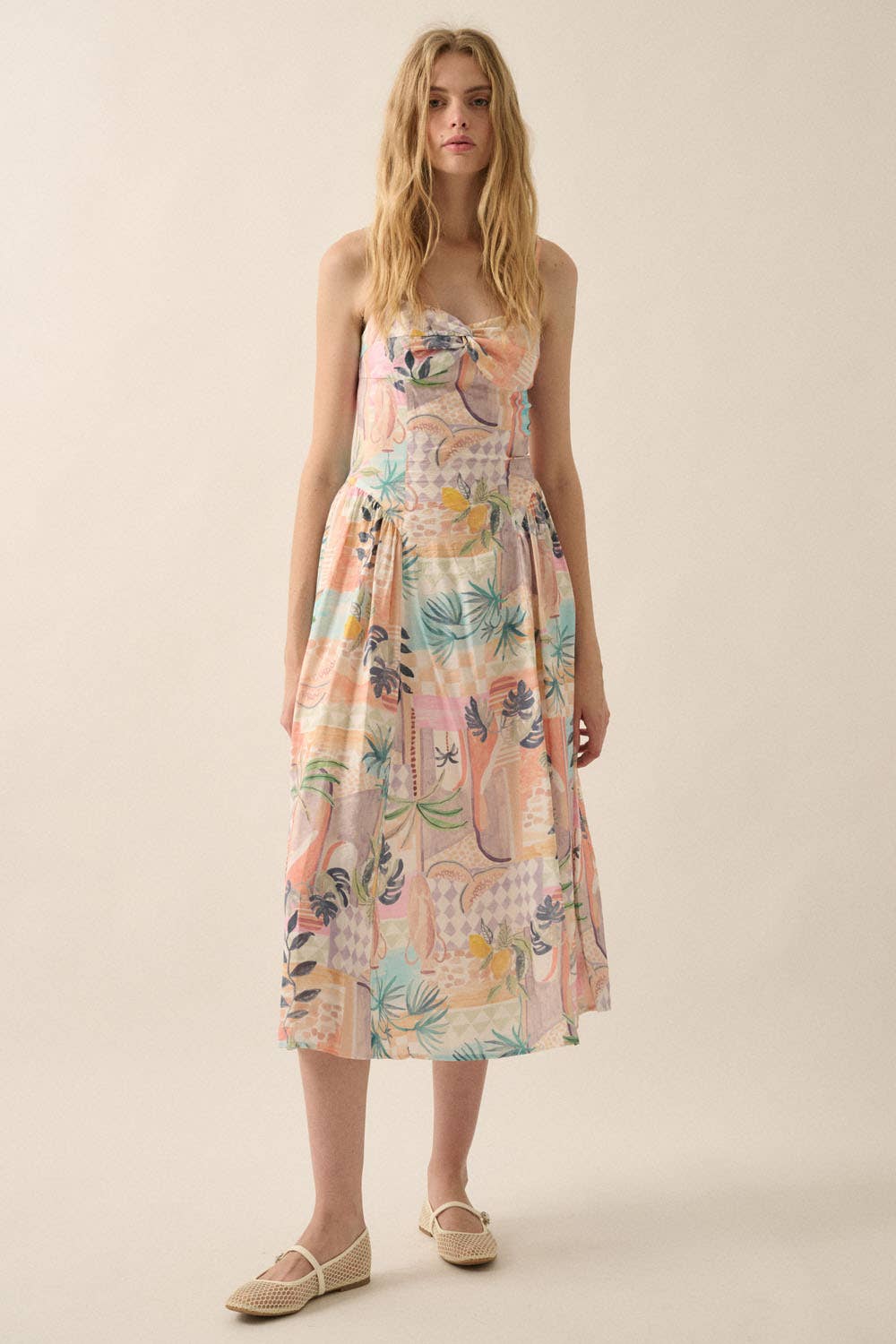 Soft Pink Tropical Twist-Front Cami Midi Dress