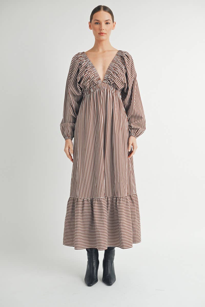 Sorrelle Maxi Dress Front view of Sorrelle Maxi Dress with deep V-neck and striped tiered design