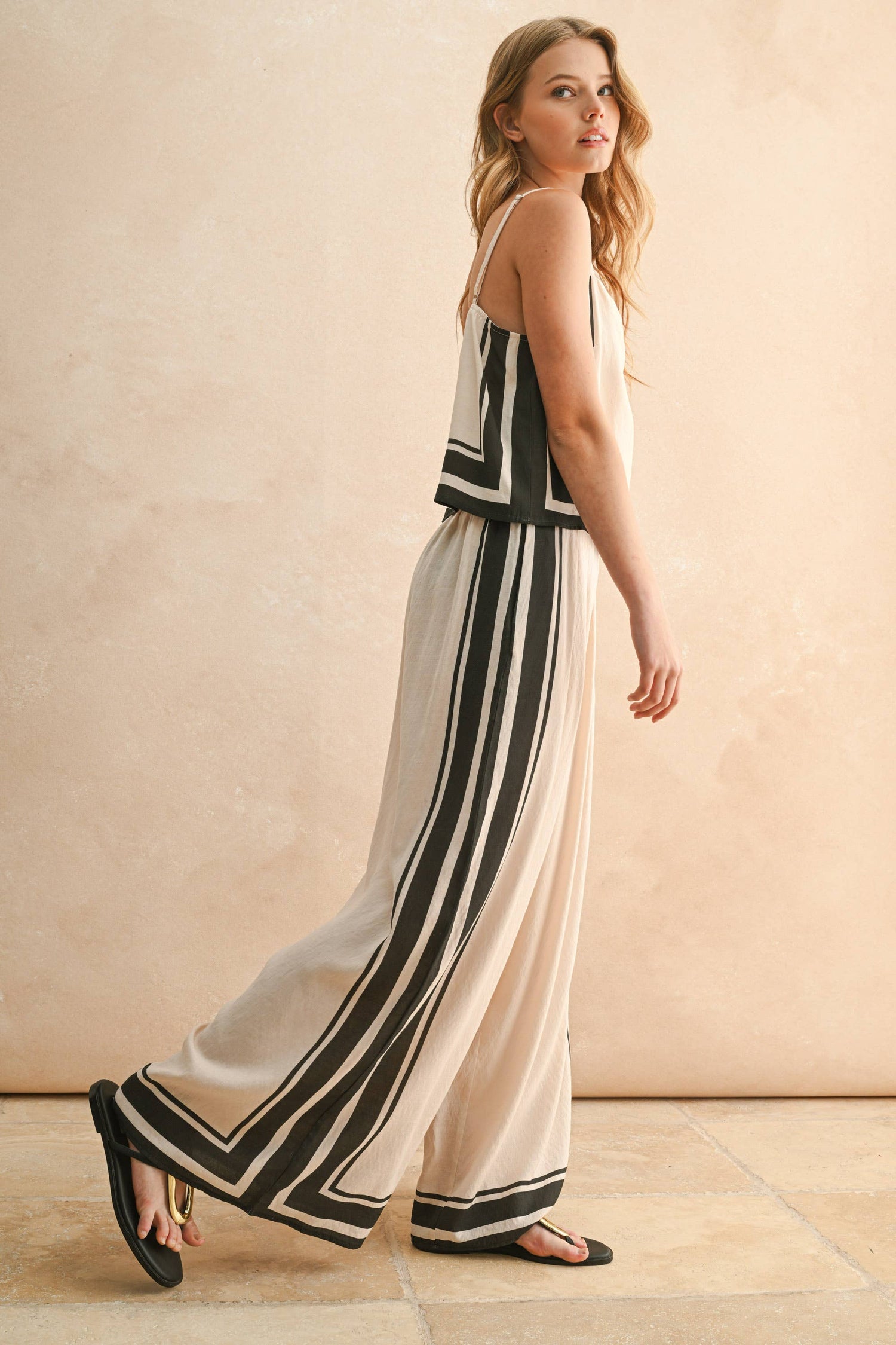 Tan/Black Border Stripe Pattern Pants Side View