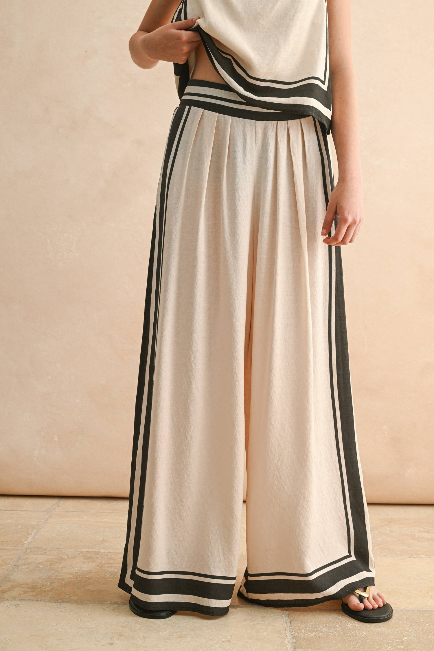 Tan/Black Border Stripe Pattern Pants Front View