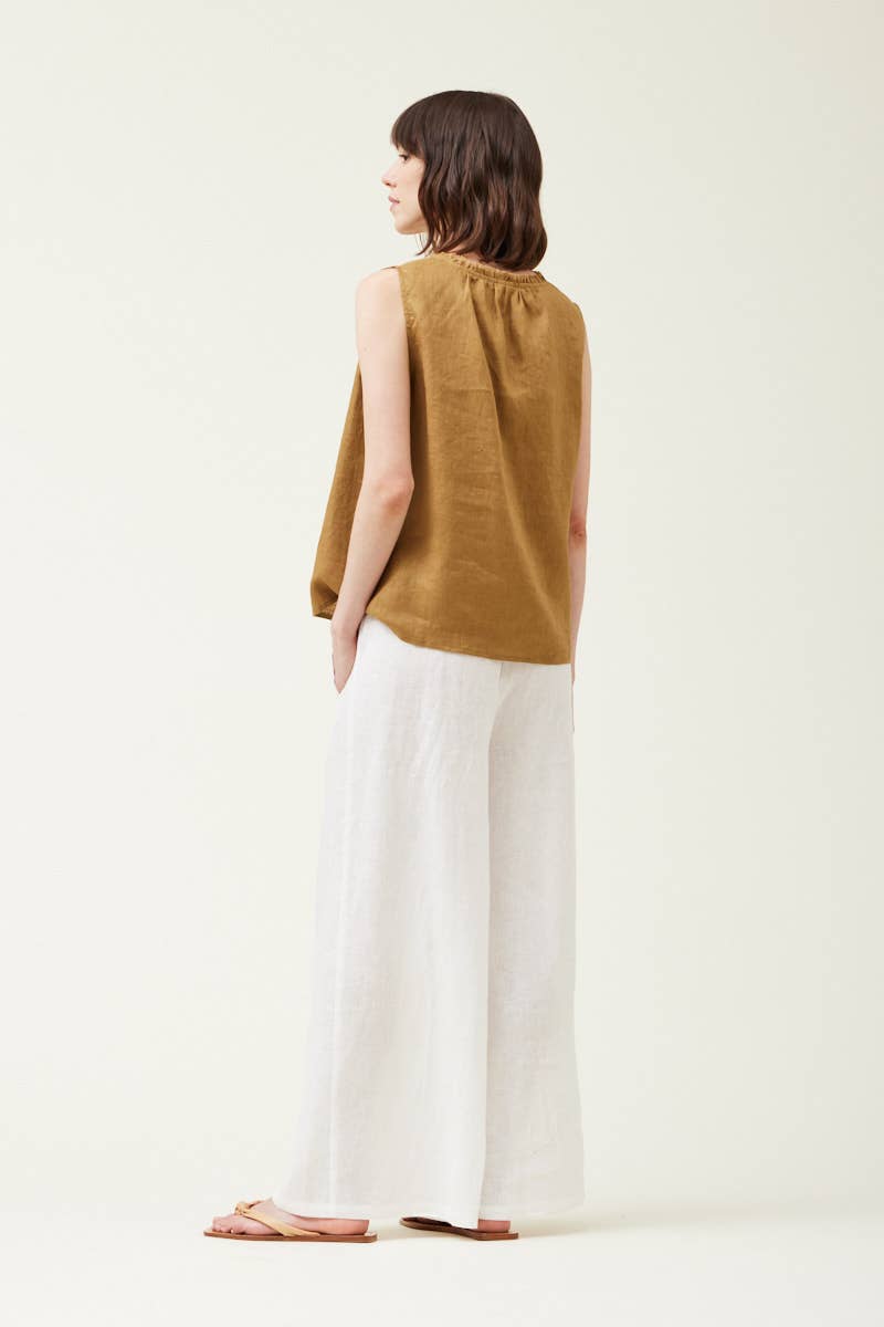 The Brown Olive Sleeveless Linen Top - rear view.