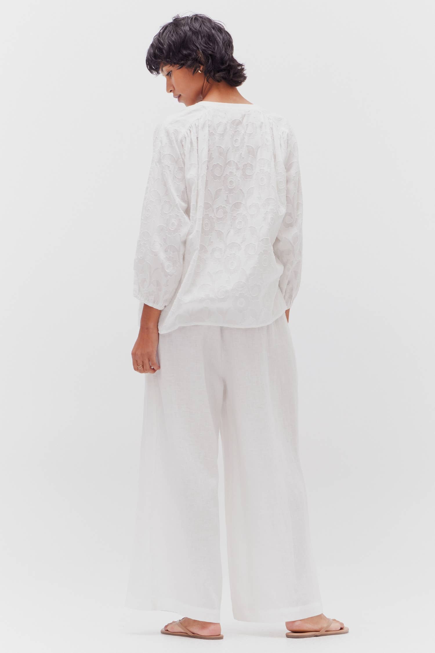 The Jacquard Floral Cotton Blouse Off White. Rear View.
