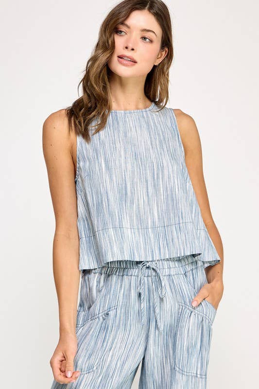 Blue Linen Scoop Neck Tank featuring cropped style