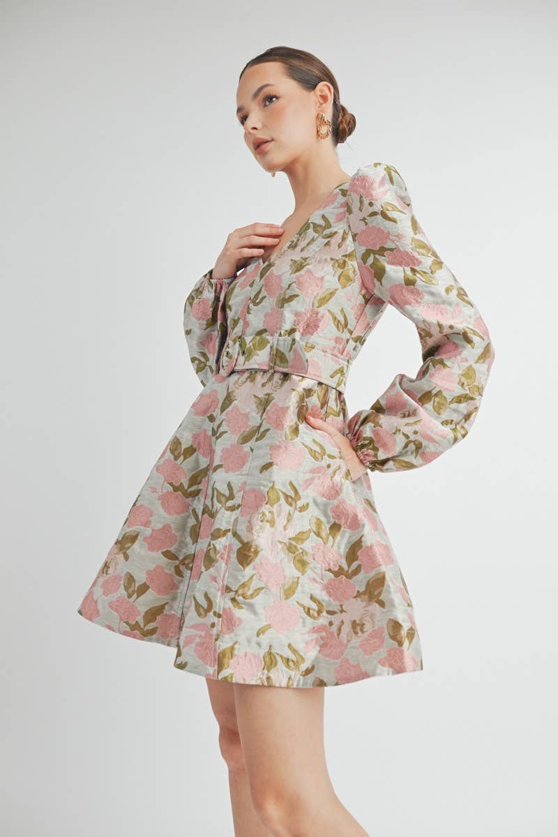 Front view of Amarielle Dress in pink floral jacquard with belted waist