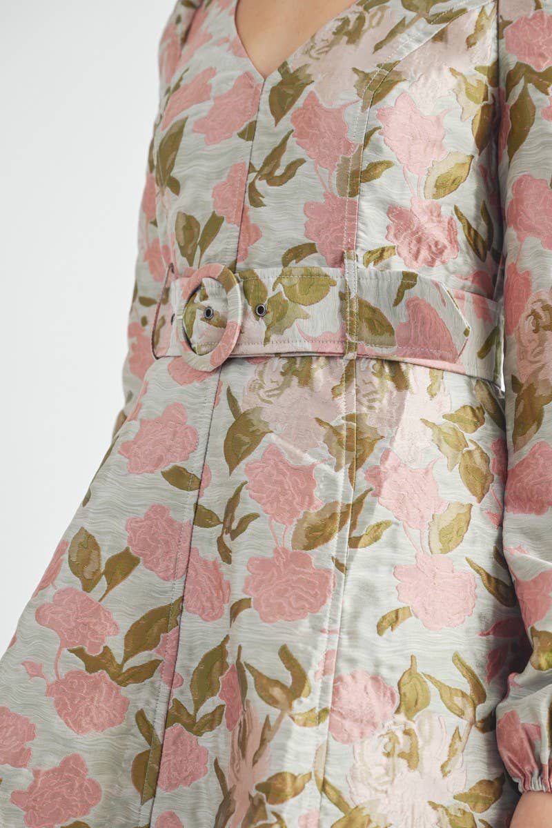 Amarielle Dress Close-up of jacquard floral fabric texture with subtle sheen