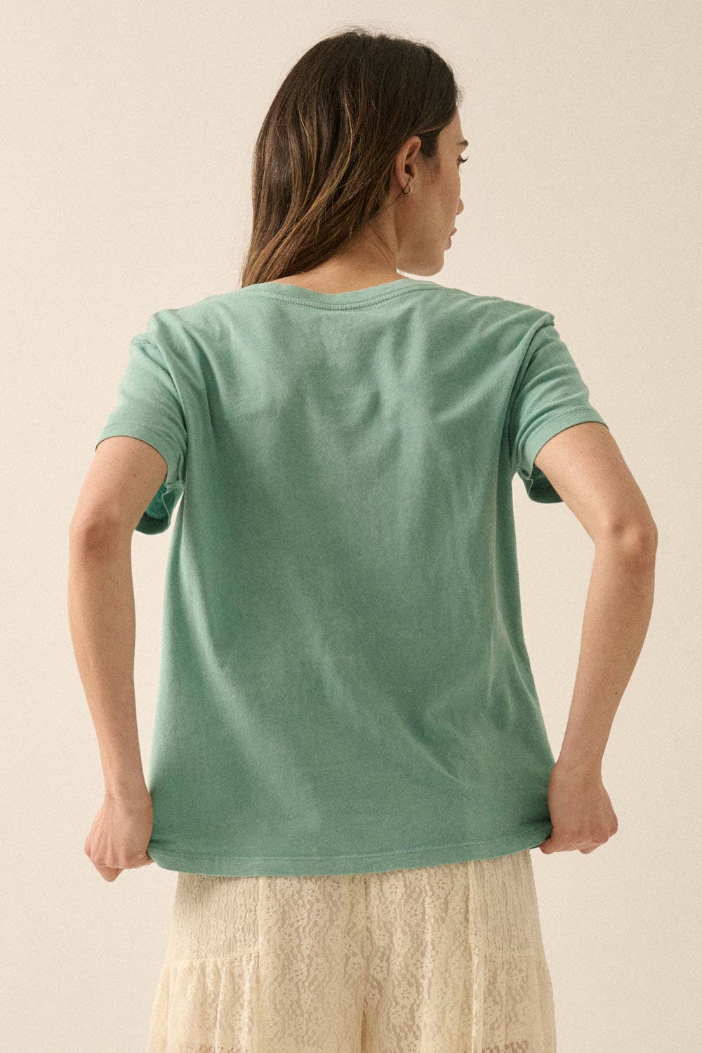 Back view of Veyra Graphic Tee showing clean finish, relaxed fit and mineral-wash cotton texture