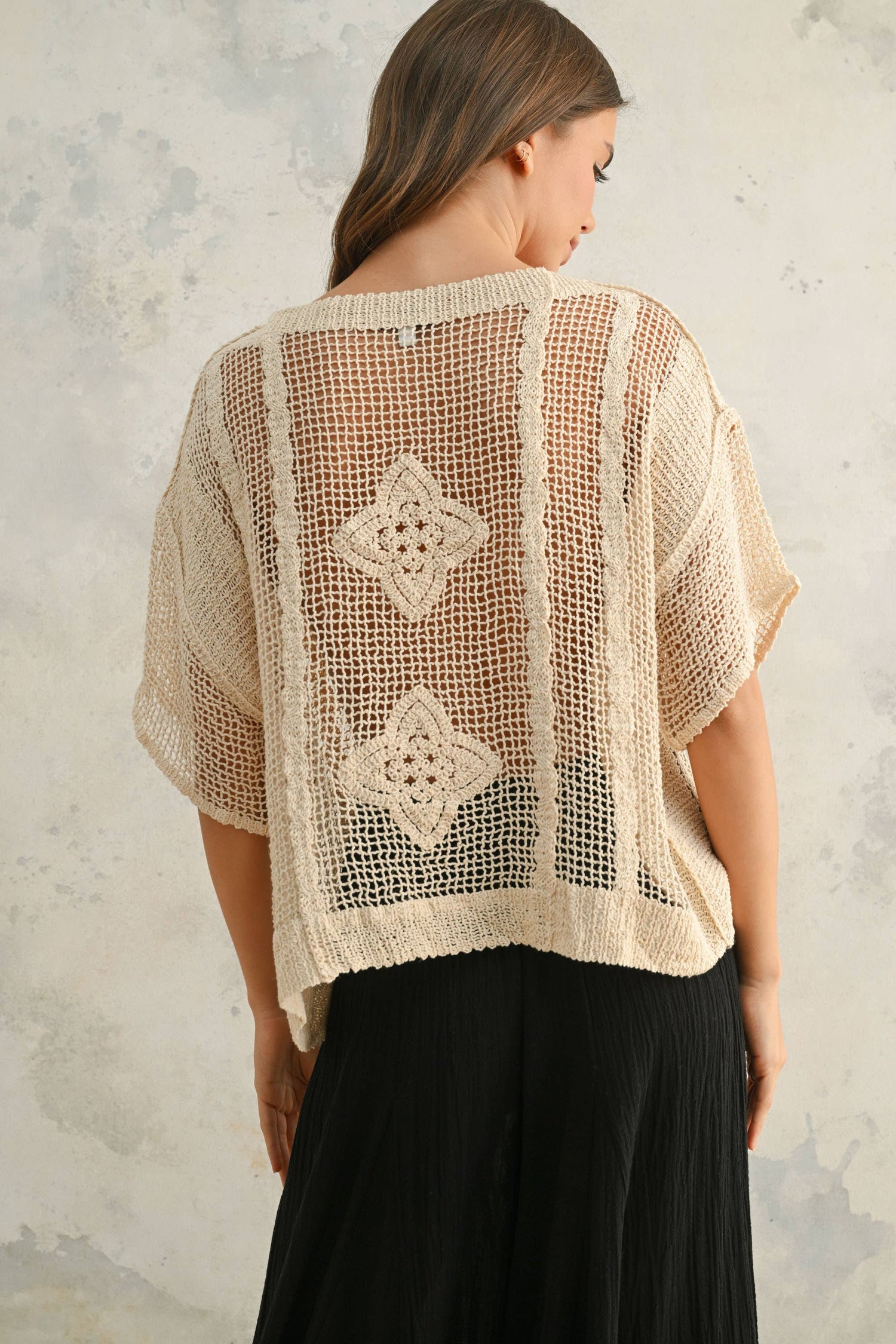 Beige Crochet Knit Short Sleeve Top Rear View