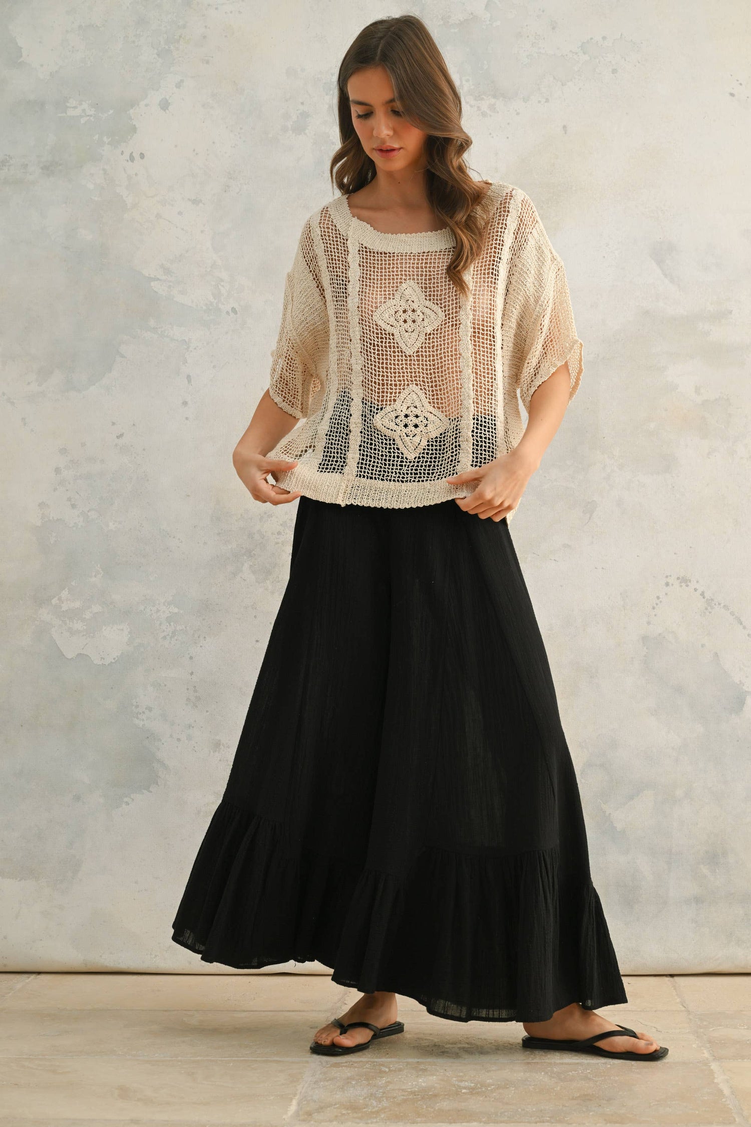 Beige Crochet Knit Short Sleeve Top showcasing intricate crochet detail