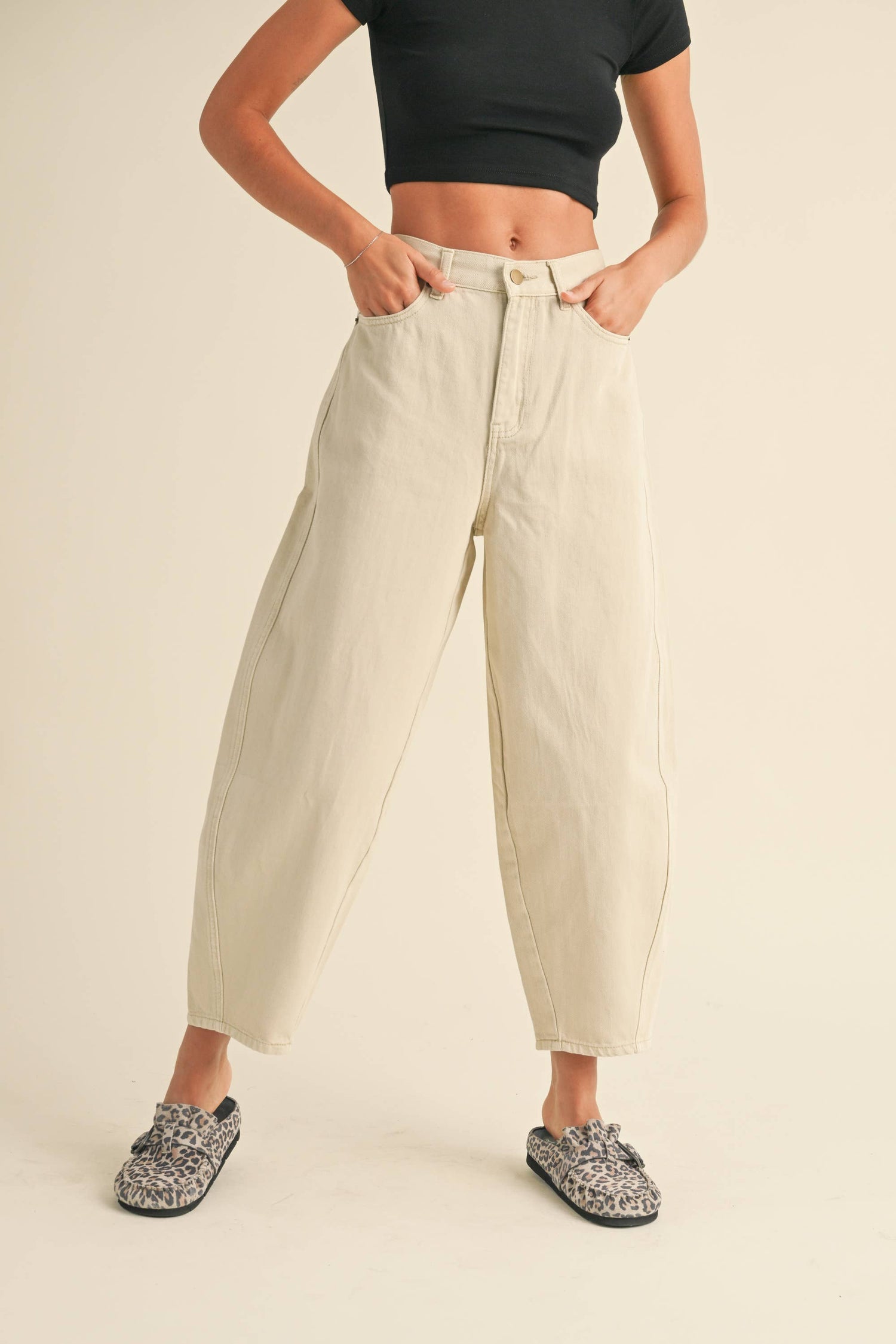 Beige Washed Barrel Pants Front View