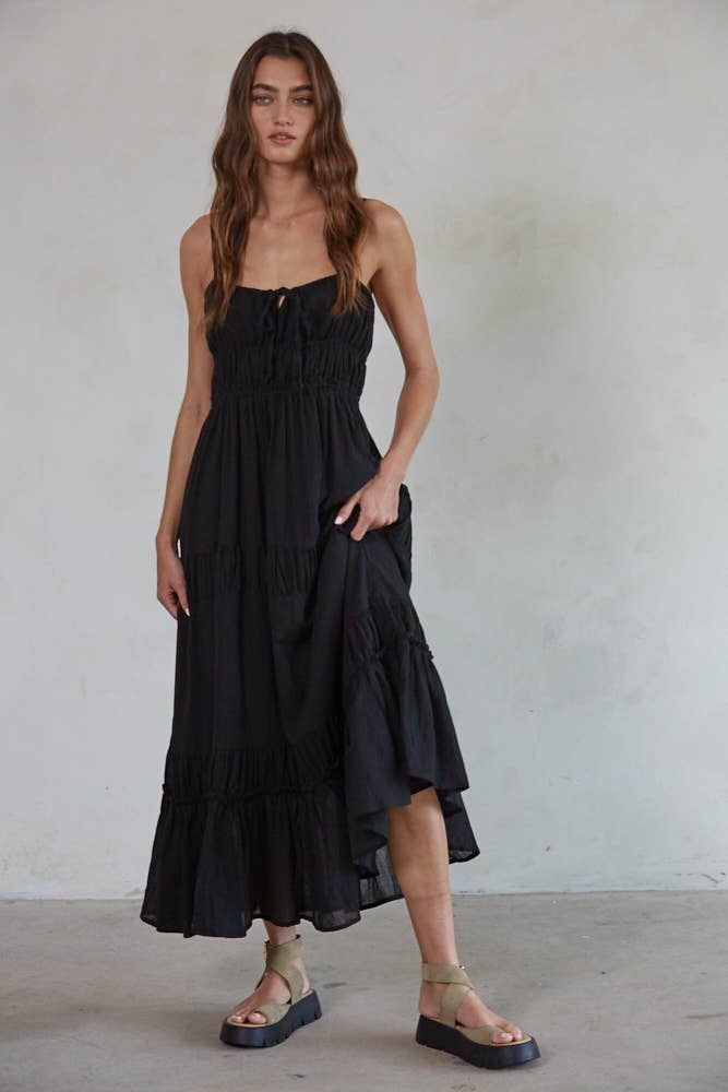 Black Flare Midi Dress featuring tie closure at bodice and tiered skirt