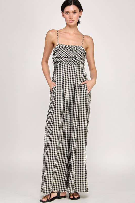 Black Gingham Sleeveless Wide-Leg Jumpsuit