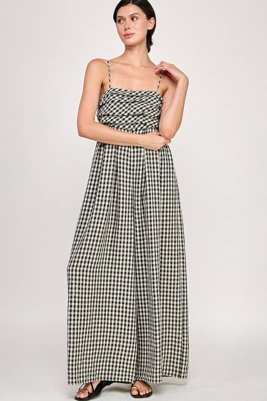 Black Gingham Sleeveless Wide-Leg Jumpsuit featuring spaghetti straps