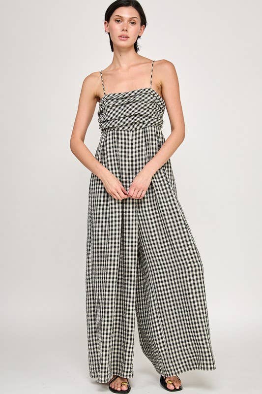 Black Gingham Sleeveless Wide-Leg Jumpsuit front view