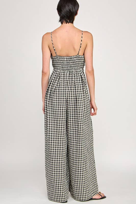 Black Gingham Sleeveless Wide-Leg Jumpsuit Rear View