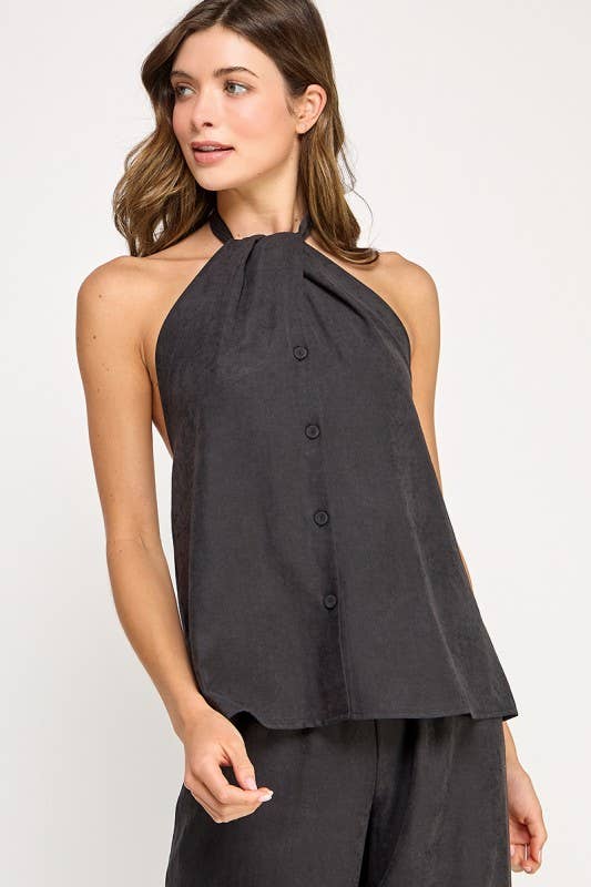 Black Halter Neck Vest Top featuring buttons