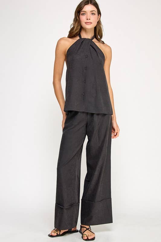 Black Halter Neck Vest Top worn as set