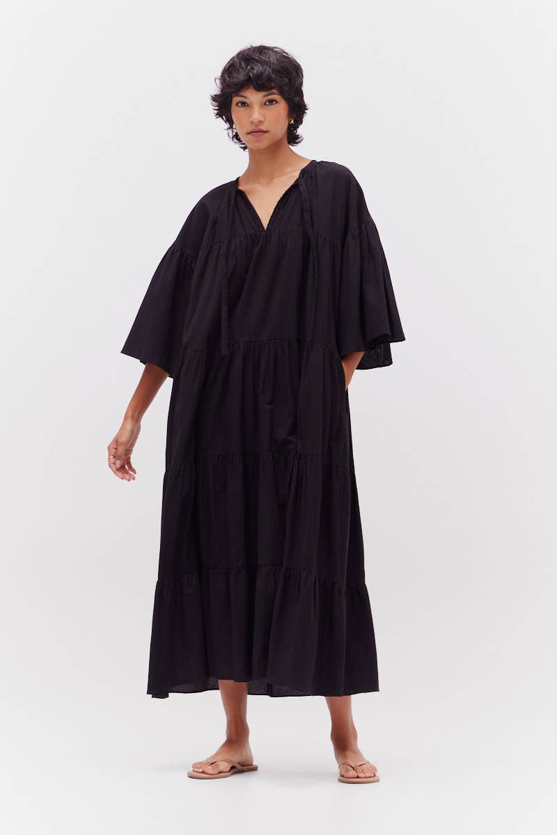 Black Plaid Midi Dress featuring 3/4 sleeves