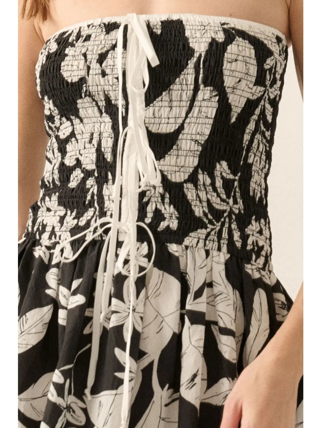 Black Strapless Tropical Fit-and-Flare Maxi Dress showcasing fitted bodice