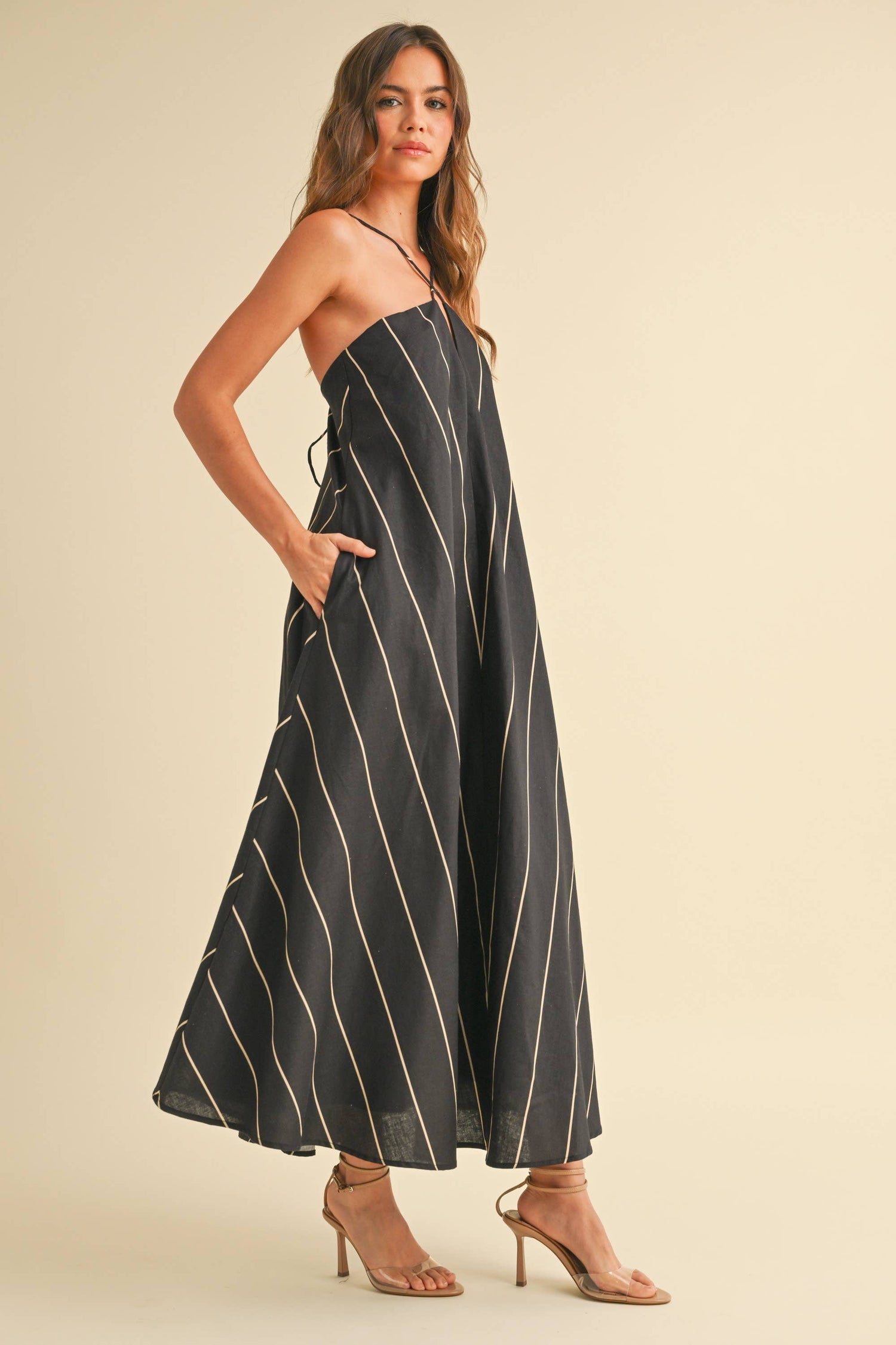 Black/Tan Striped Pattern Asymmetrical Dress Side View
