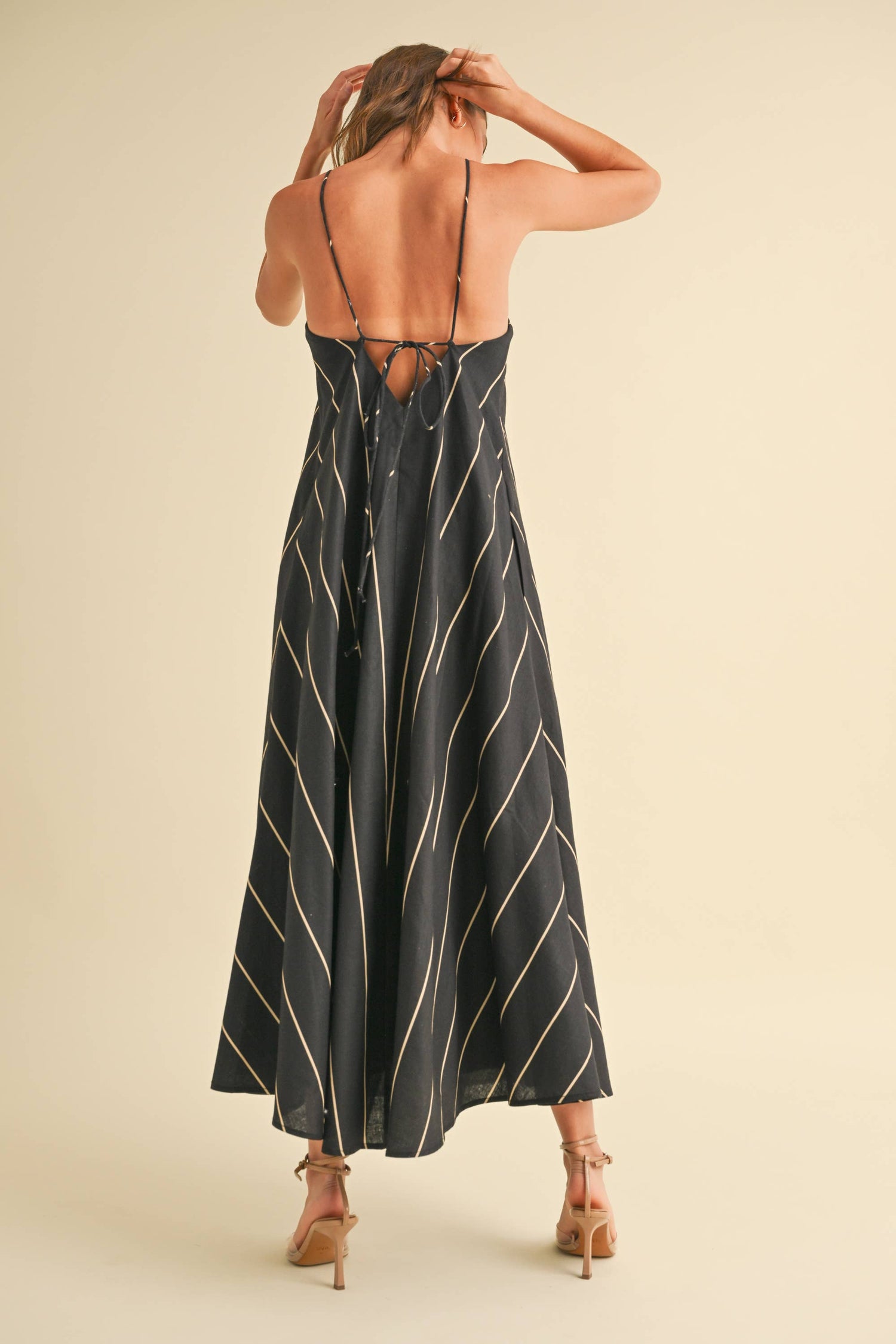 Black/Tan Striped Pattern Asymmetrical Dress Rear View