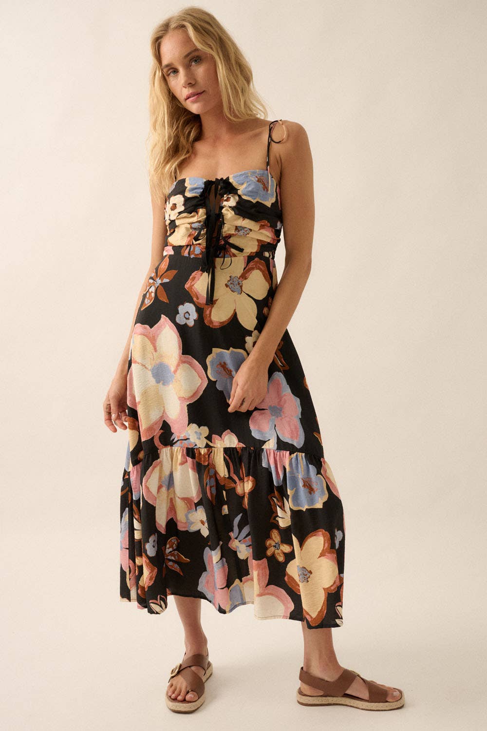 Black Textured Floral Tie-Front Midi Dress Front View