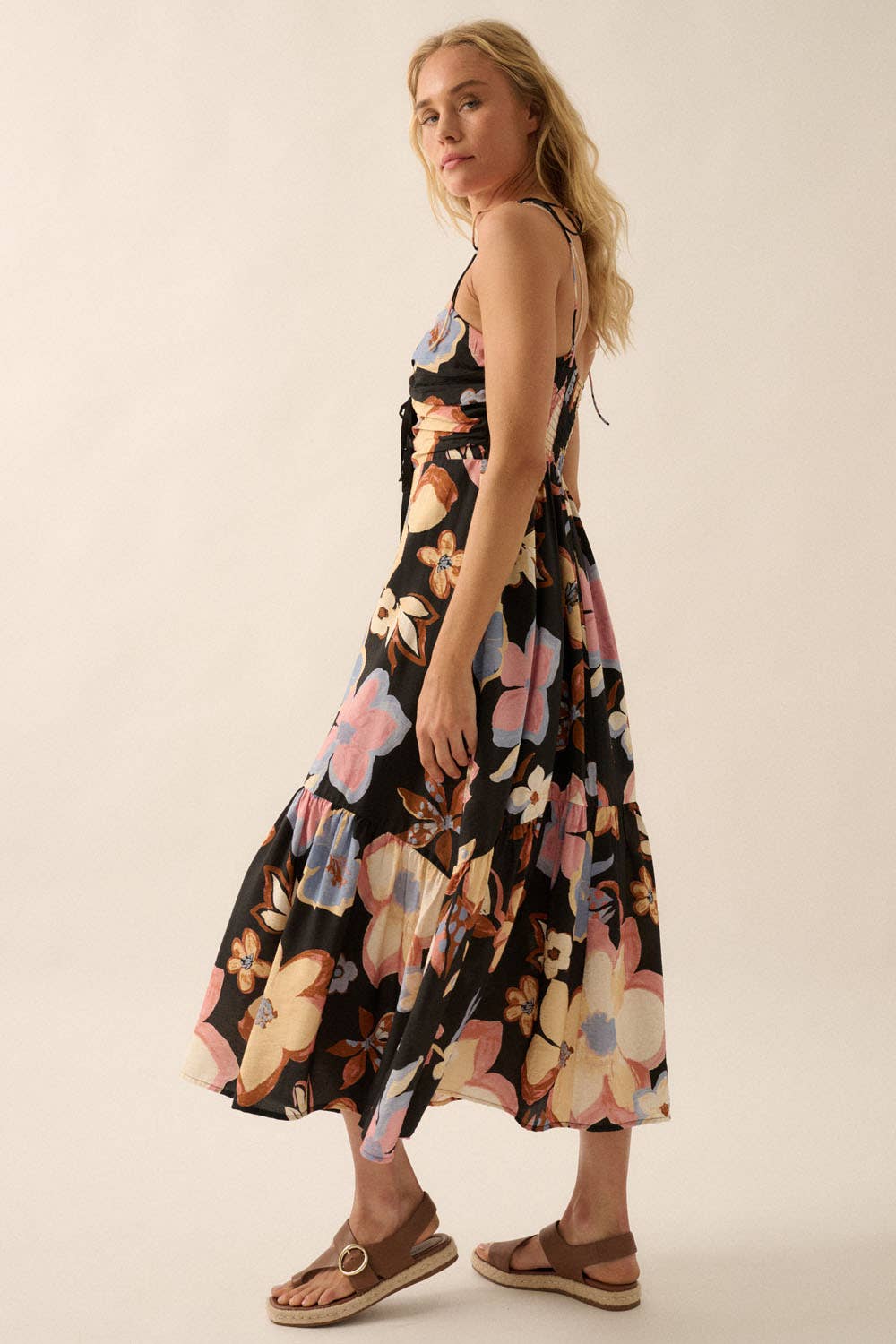 Black Textured Floral Tie-Front Midi Dress Side View