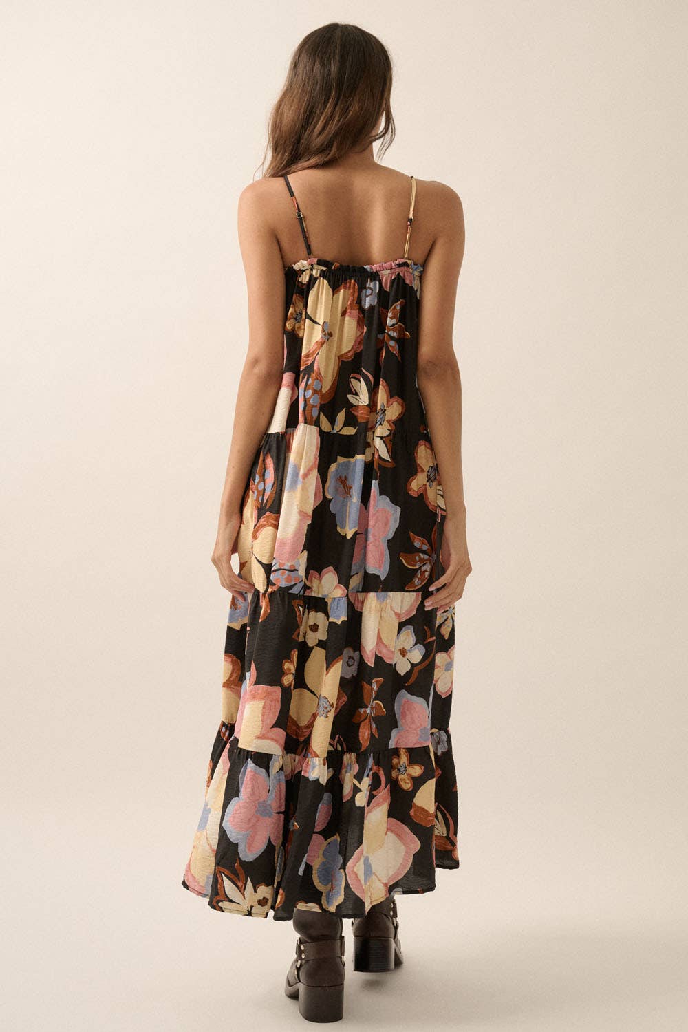 Black Textured Floral Tiered Maxi Dress Rear View