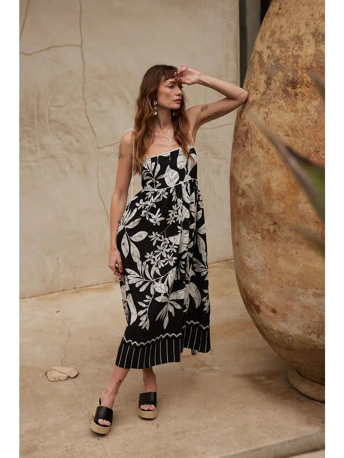 Black Tropical Maxi Dress with floral pattern and contrast trim