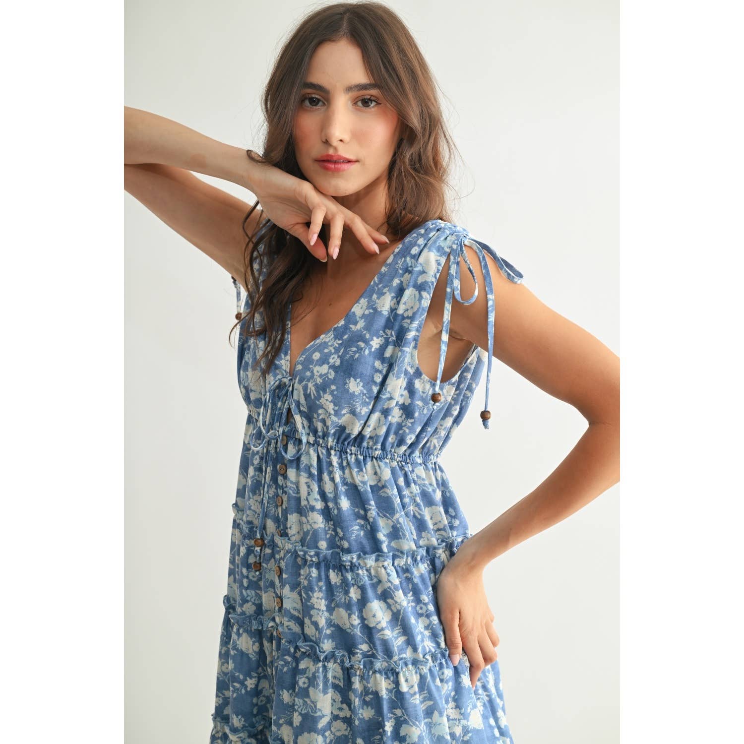 Blue Floral Midi Dress showcasing drawstring bodice and sleeve